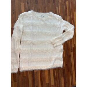 Joseph A Sweater Women Medium Ivory Excellent Eyelash Fringe Striped Knit Tops